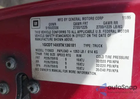 1996 Chevrolet S Truck S10 из США, поврежденный, VIN 1GCDT14X8TK136181